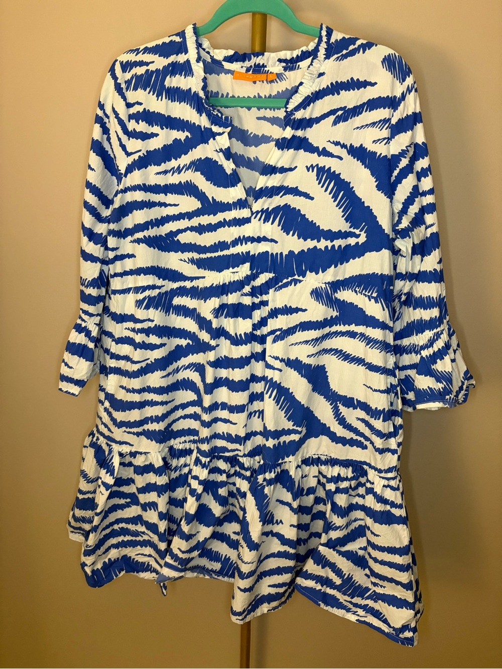Oliphant Bell-Sleeved Tiered Mini Dress in White and Blue
